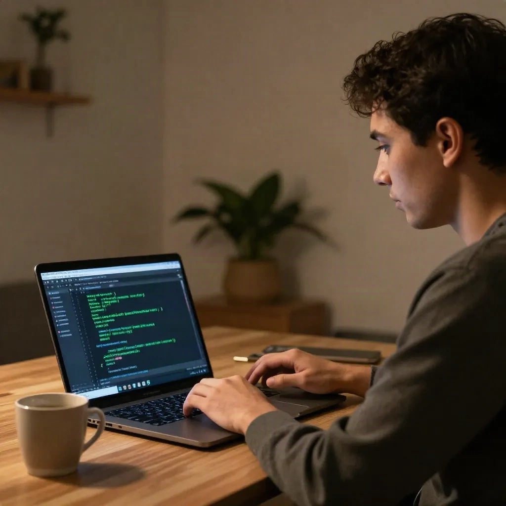 Developer at home office workstation running test suite after AI-assisted refactoring