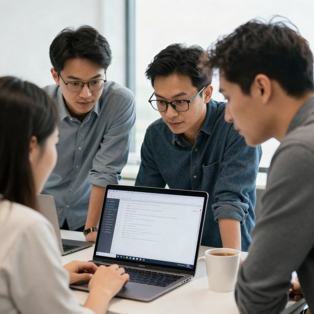 Three engineers gathered around a laptop reviewing a pull request together