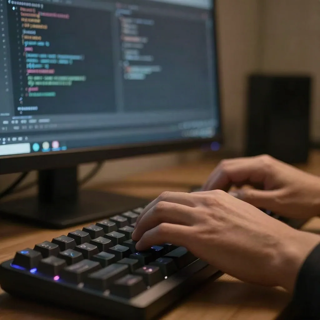 Close-up of hands typing on a mechanical keyboard with a code editor visible on a blurred monitor in the background