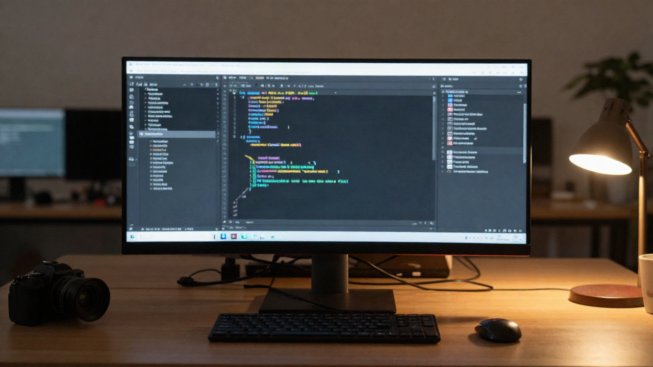 Entwickler-Schreibtisch in der Abenddaemmerung mit offener KI Coding Agent-Oberflaeche neben einem verschwommenen Code-Editor