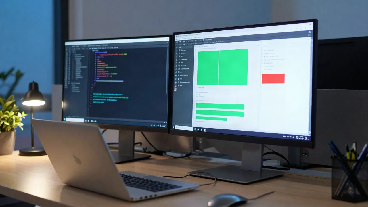 Scrivania di sviluppatore al tramonto con laptop e monitor che mostrano un editor di codice e una diff di pull request, rappresentando esempi di agenti IA per team di ingegneria