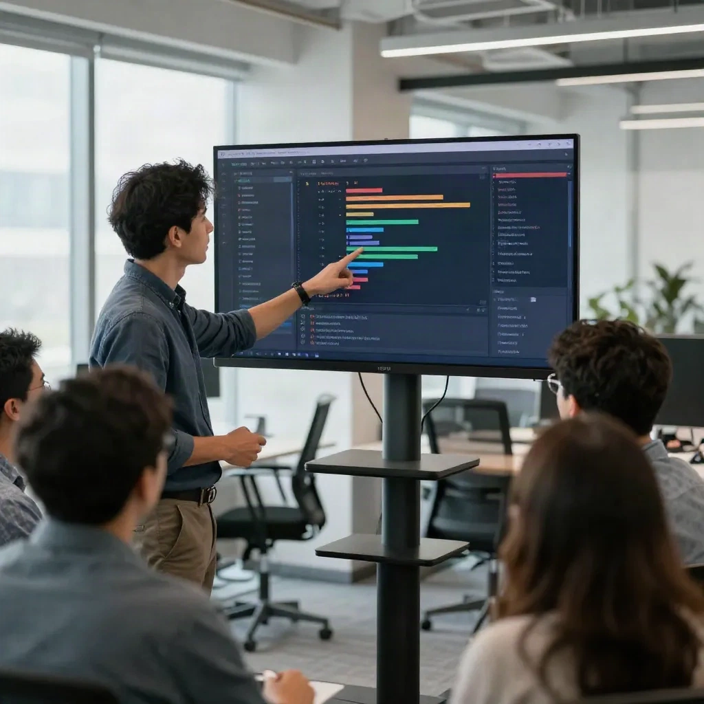 Tech lead and team reviewing code health dashboard metrics in open office
