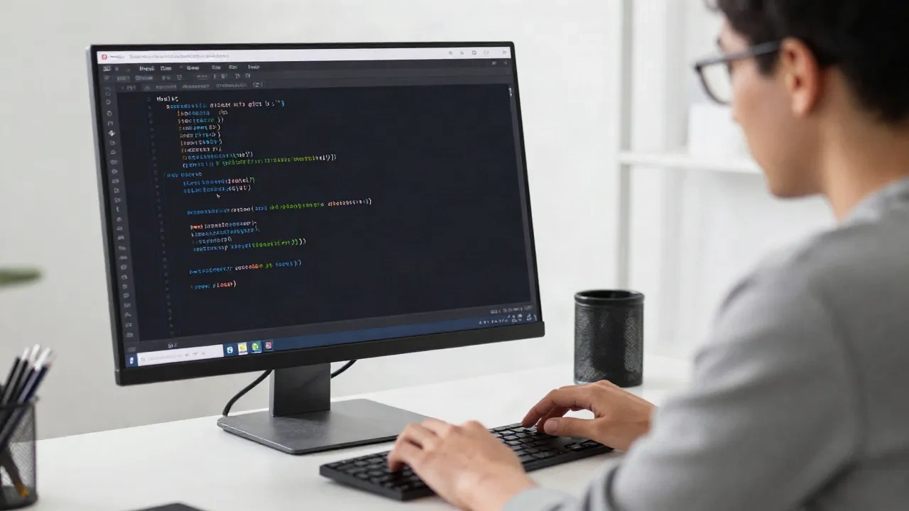 Desarrollador en una terminal viendo un historial de commits limpio en la rama main