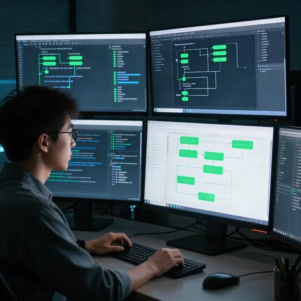 エンジニアがグリーンデプロイメント状態指標でCI/CDパイプラインダッシュボードを監視している状態