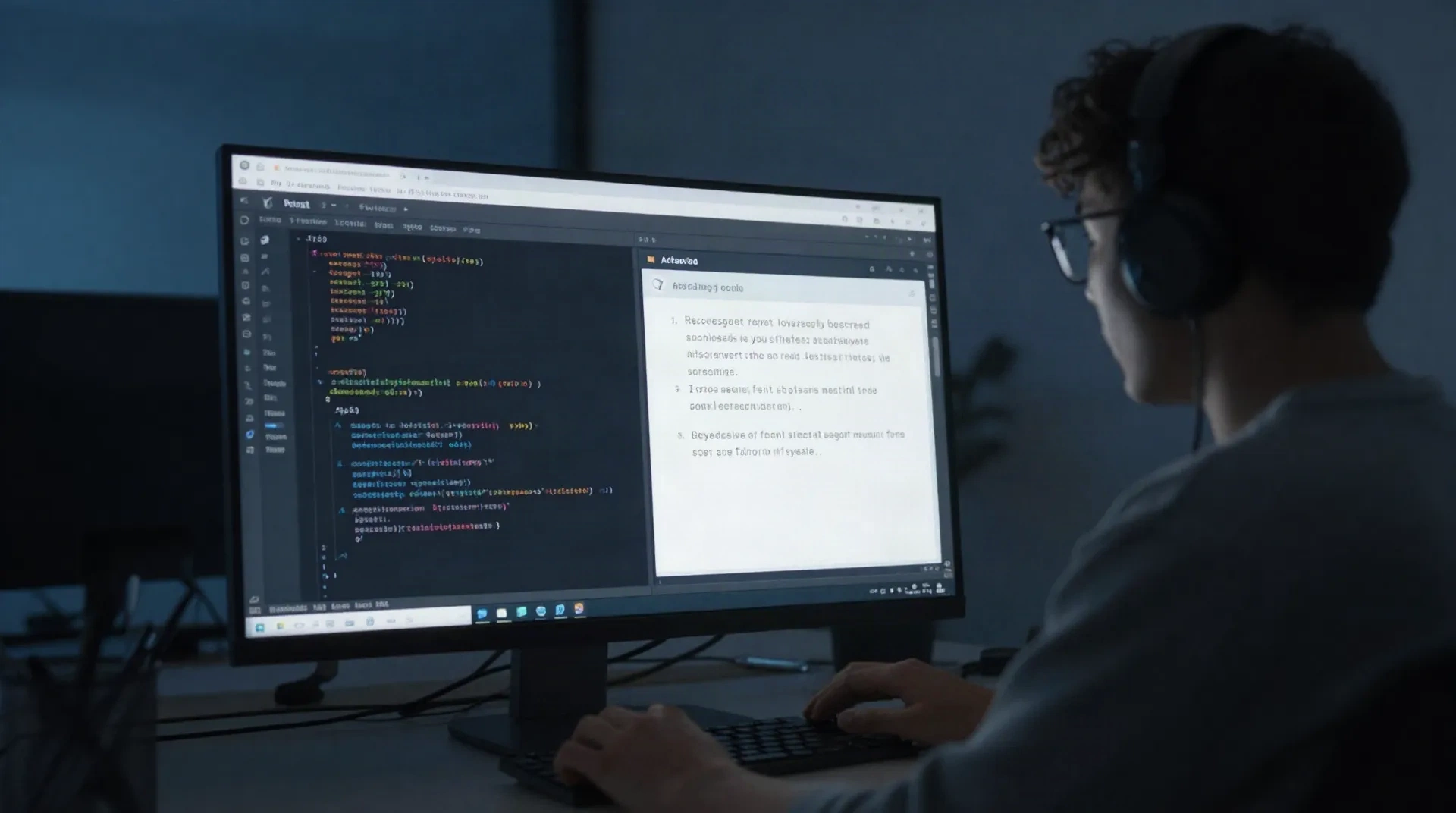 Développeur utilisant un assistant de codage IA avec un panneau de chat à côté d'un éditeur de code, la nuit