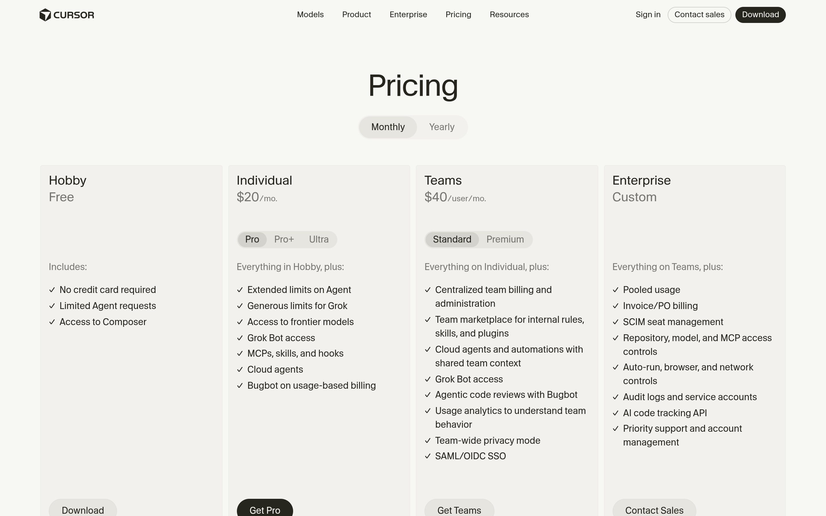 Cursor pricing page showing Hobby, Individual, Teams and Enterprise tiers
