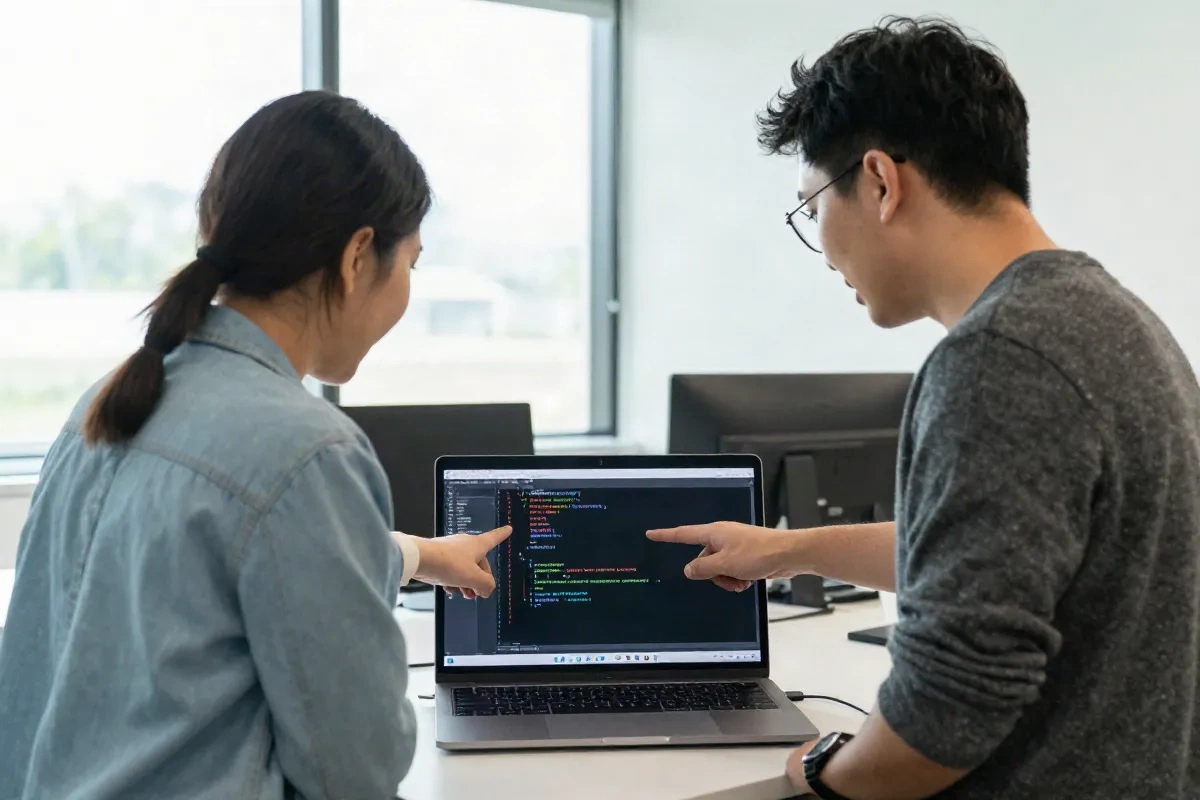 Two engineers pointing at a code diff on a laptop during a pull request review