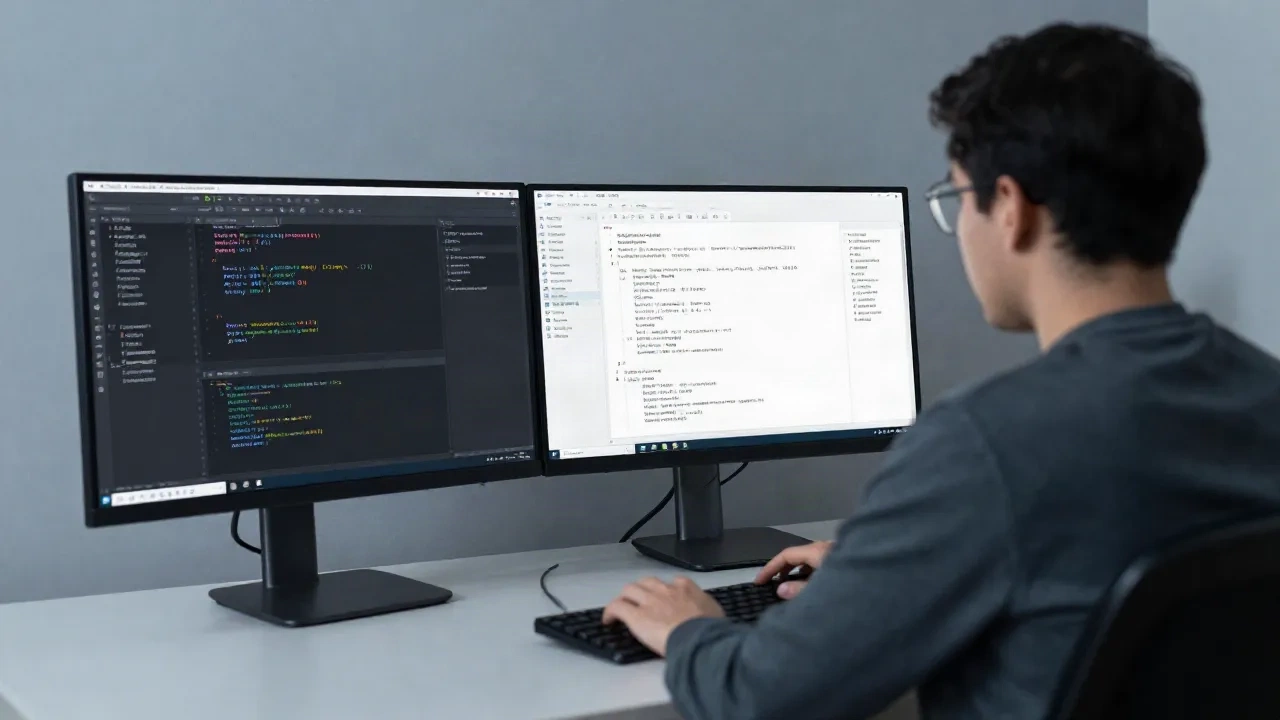 Developer workspace with two monitors showing code and structured summary document