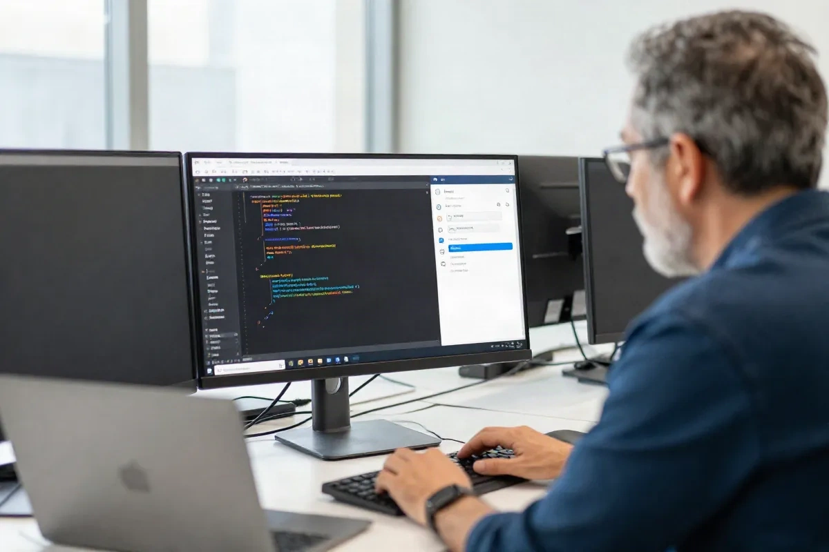Senior and junior engineer looking at code together during onboarding