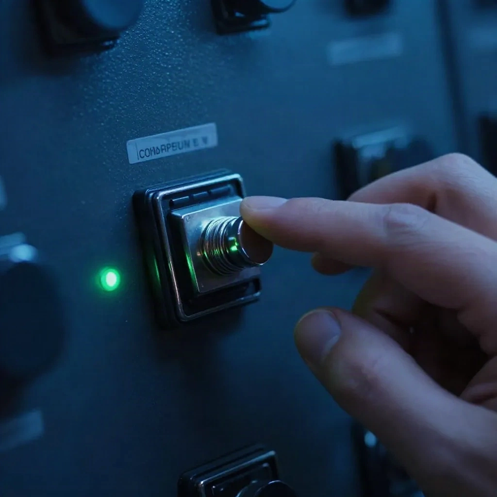 Mão ligando um único interruptor de alternância com indicador de luz verde