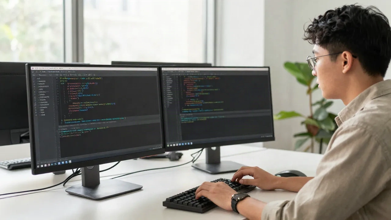 Zwei Ingenieure arbeiten gemeinsam an KI-gestütztem Pair Programming an zwei Monitoren in einem modernen Büro