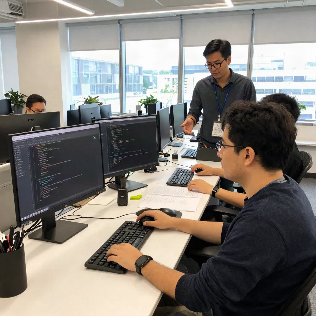 ペアでプログラミングし、共有画面でコードレビューを行っている2人のエンジニア