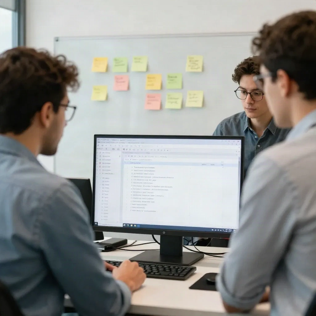 Tim engineering yang bersama-sama me-review pull request dalam rapat standup