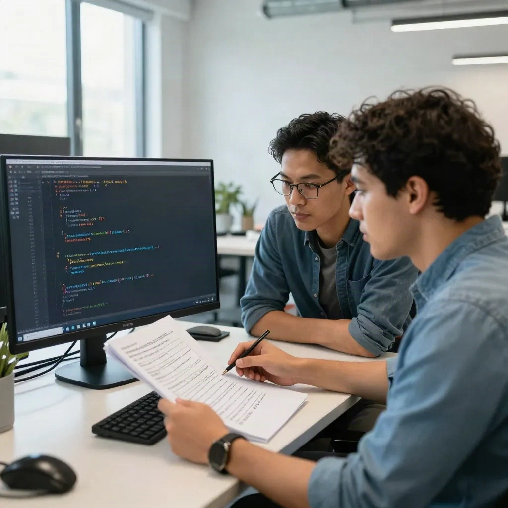 Two engineers collaborating at a screen reviewing code diff and notes