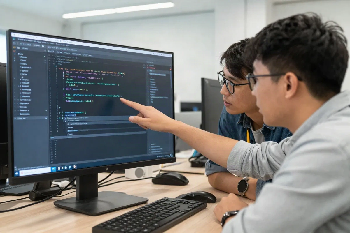 Two engineers reviewing a pull request diff together