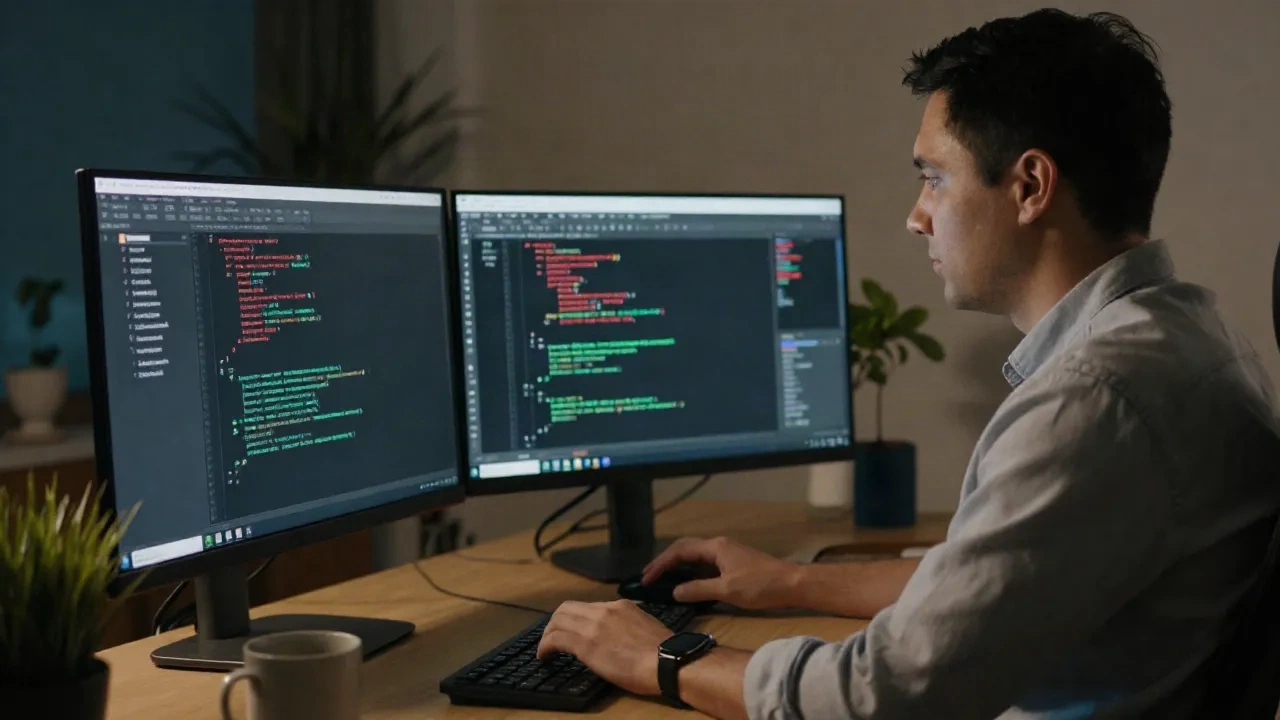 Desarrollador revisando el diff de un pull request con cambios de código en rojo y verde en dos monitores por la noche