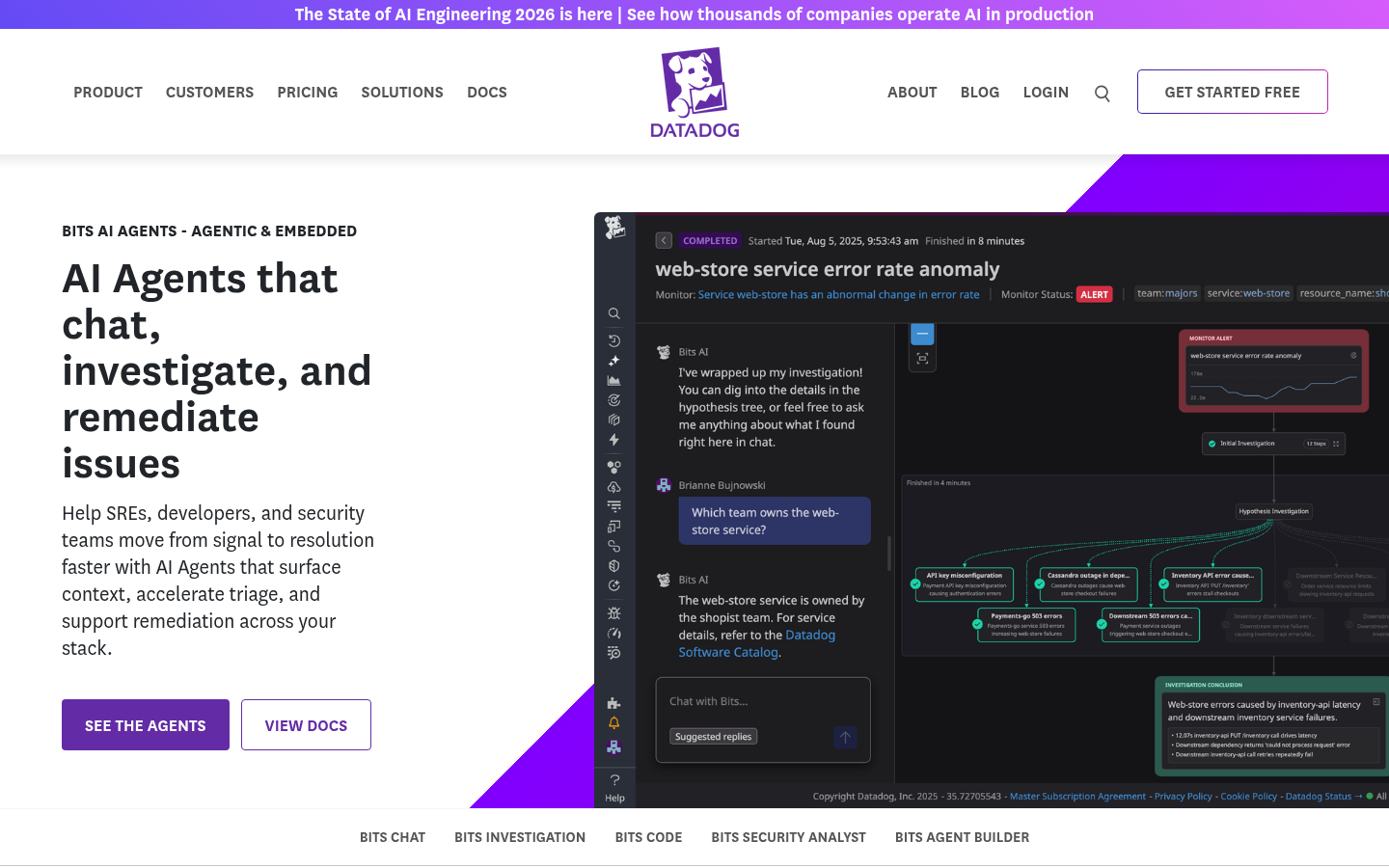 Page Bits AI Agents de Datadog montrant une enquête sur une anomalie du taux d'erreur d'une boutique en ligne