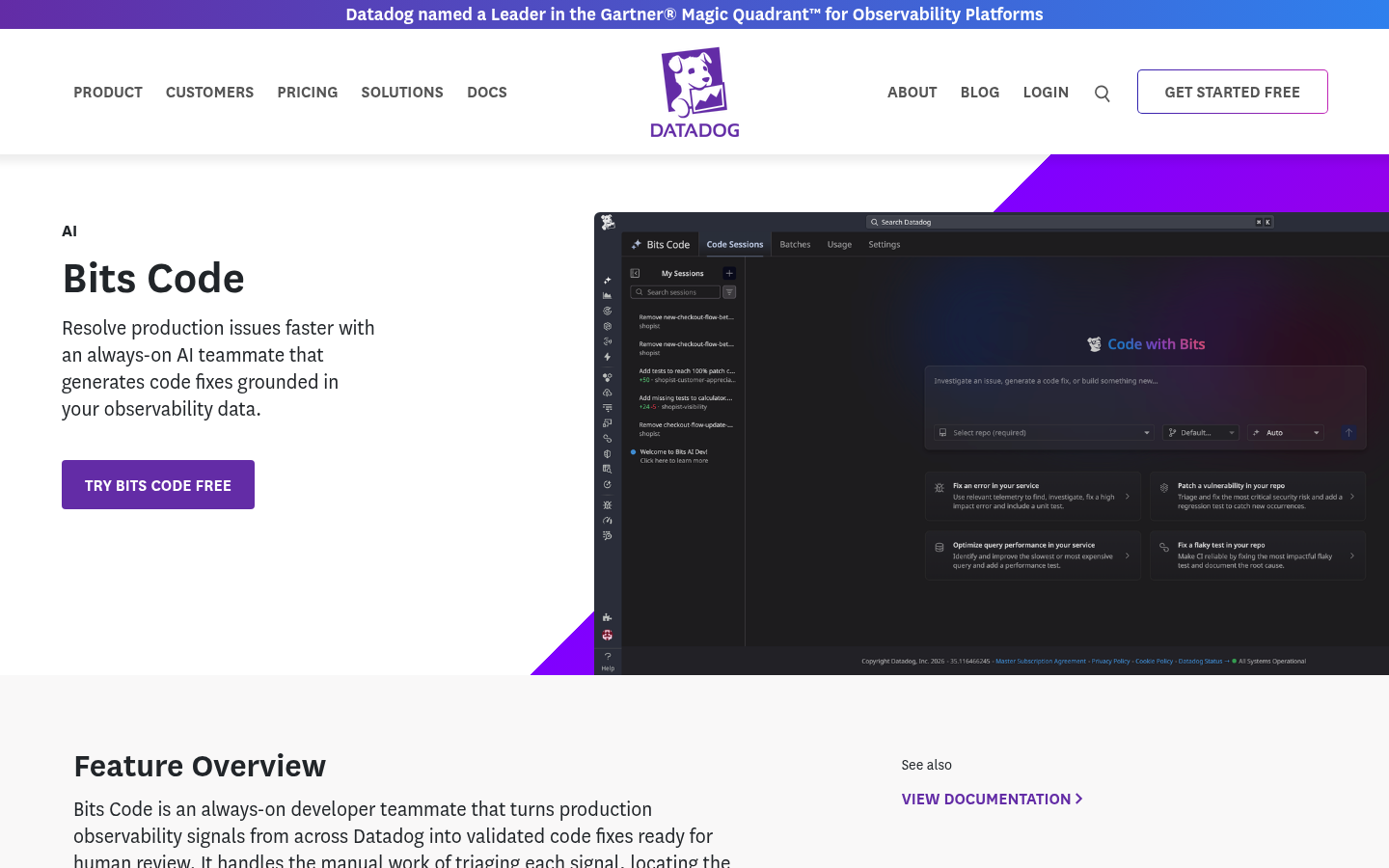 Datadog Bits Code page showing the Code Sessions interface