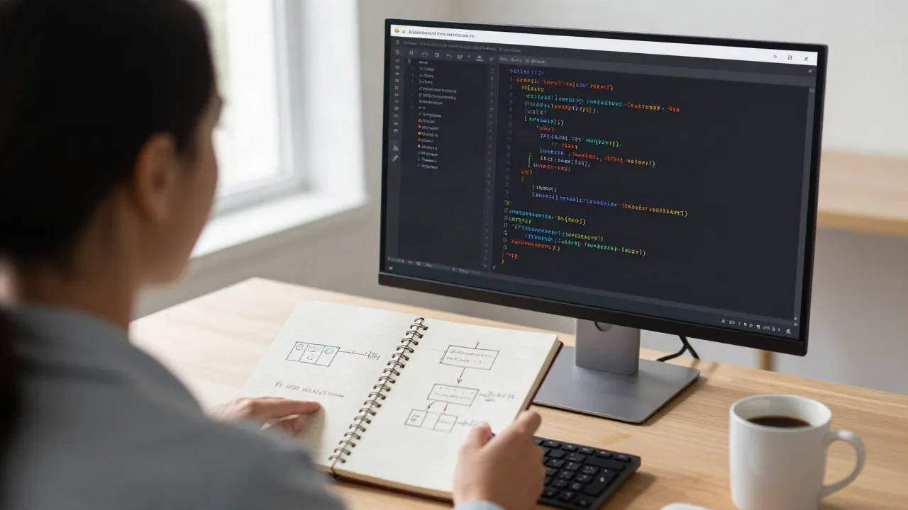 Ein Ingenieur liest unbekannten Code auf einem Monitor, mit einer Notizbuch-Skizze von Funktionsblöcken neben der Tastatur