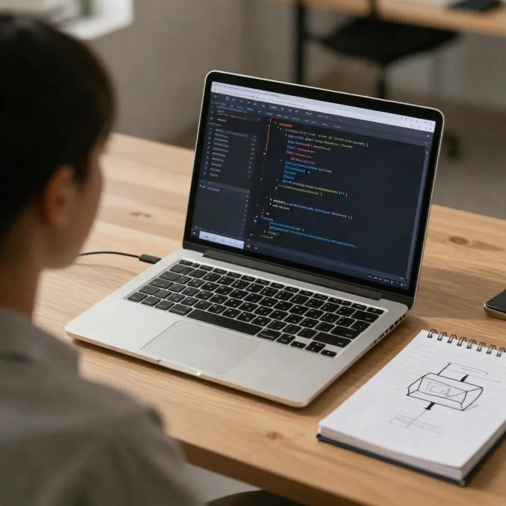 Ordinateur portable avec un éditeur de code à côté d'un croquis de schéma système dans un carnet