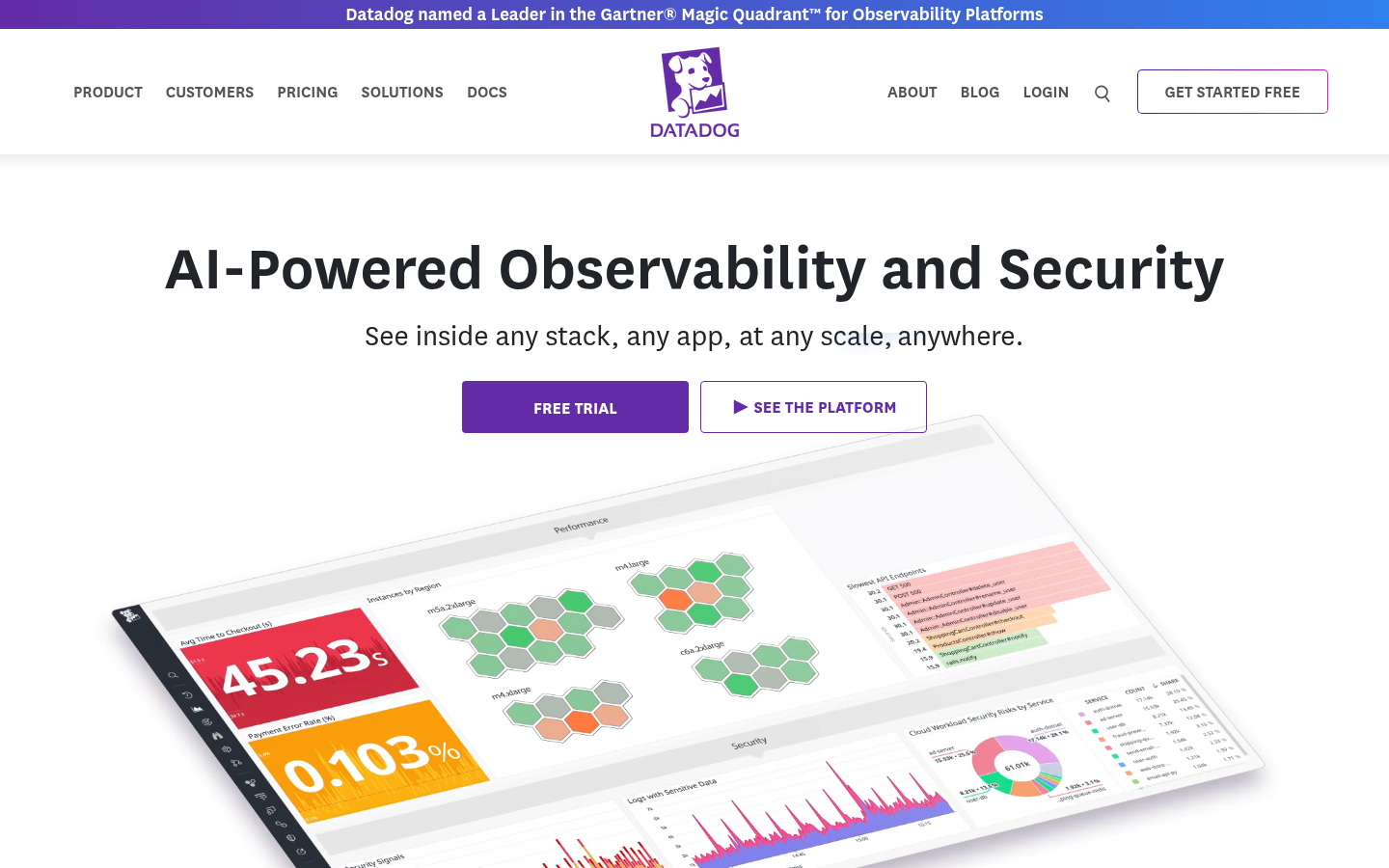 Datadog-Startseite mit dem Hero-Bereich des KI-gestützten Observability- und Security-Dashboards