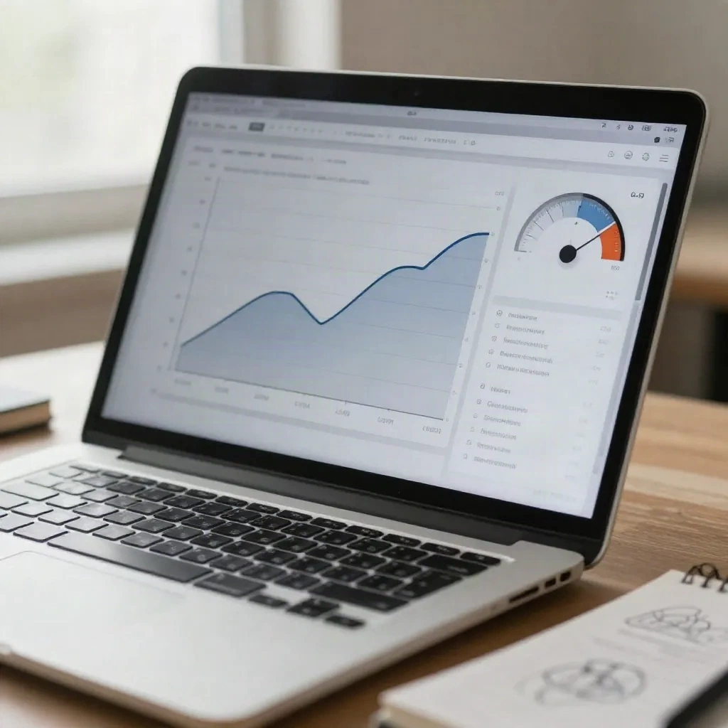 Laptop dashboard with latency graphs and an error budget gauge