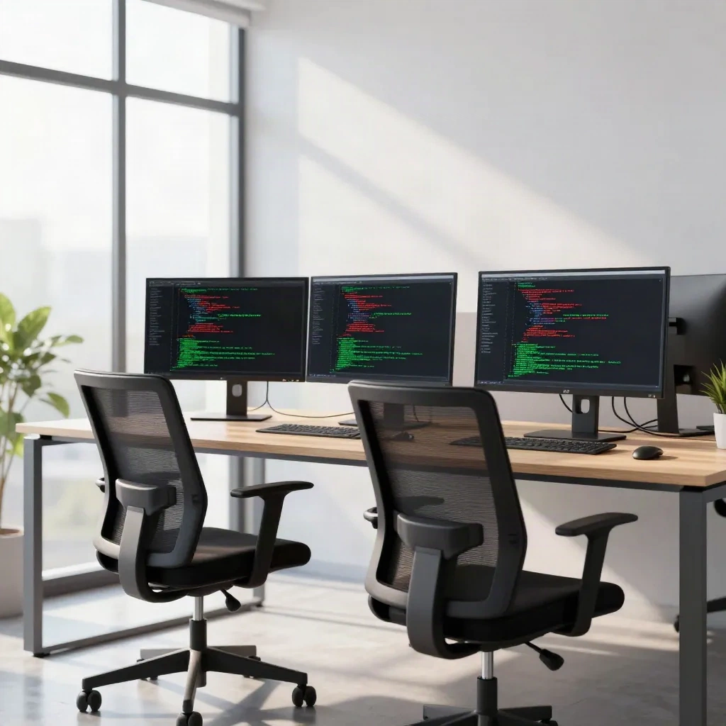 Two empty chairs at a shared desk with monitors showing a code diff in green and red