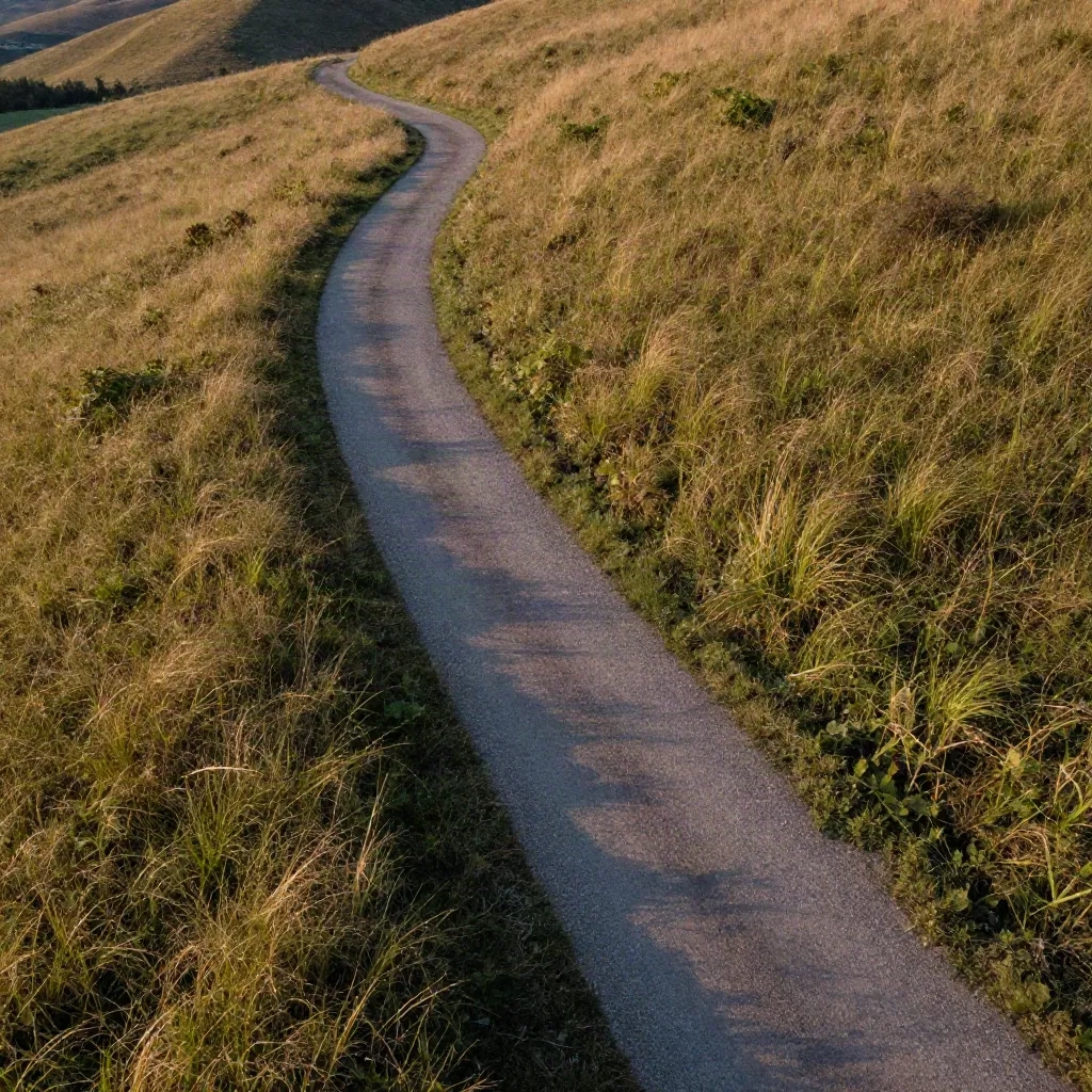 Un sentier pavé qui monte à flanc de colline herbeuse, métaphore du chemin doré