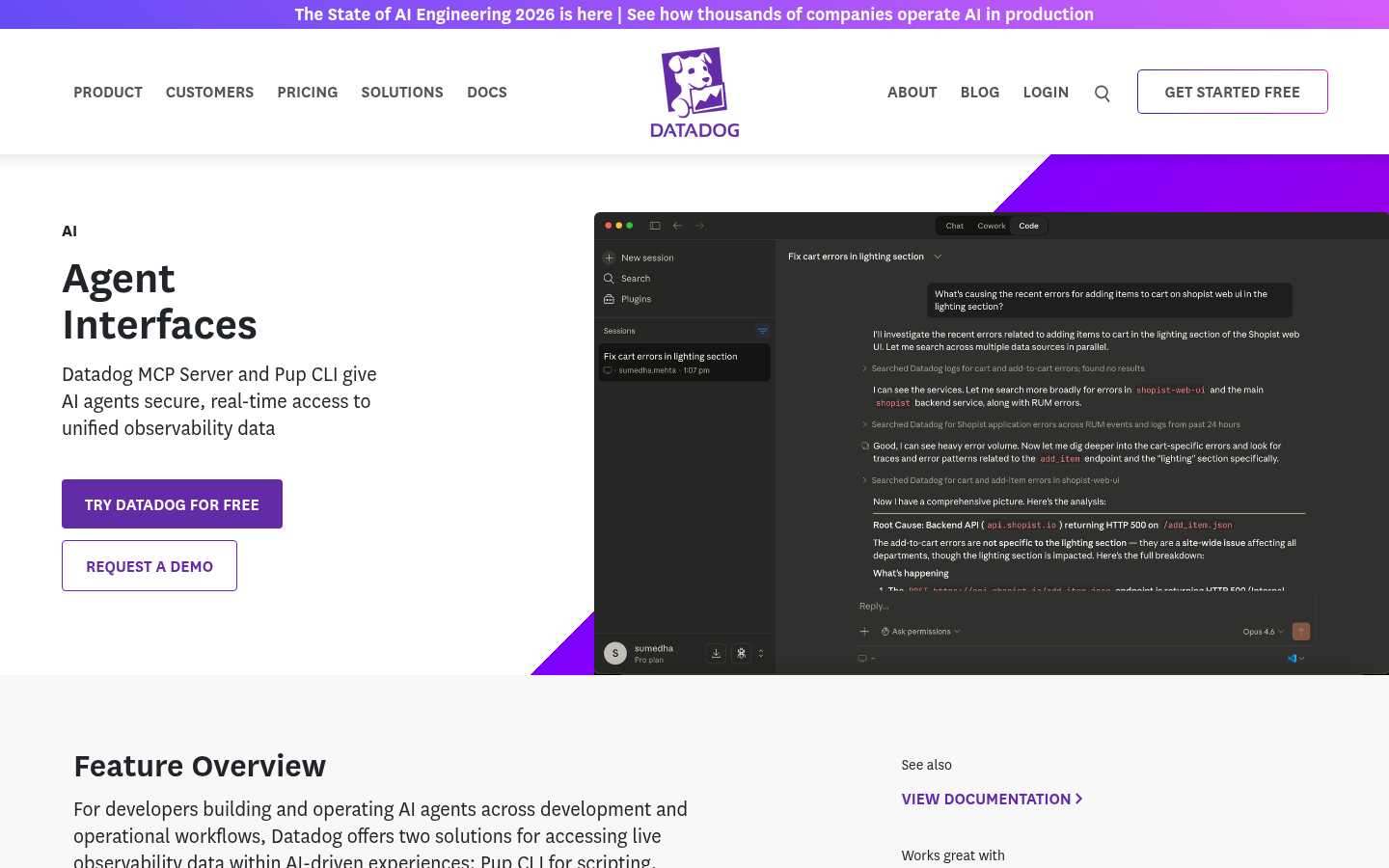 Page du serveur MCP Datadog montrant une session d'agent IA qui enquête sur des erreurs de panier