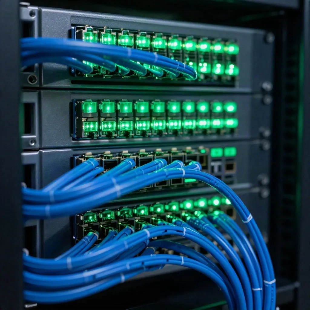 Server rack with green status lights and labeled network cables