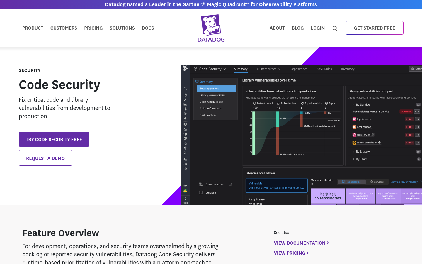 Tableau de bord de synthèse Code Security de Datadog avec les vulnérabilités de bibliothèques dans le temps
