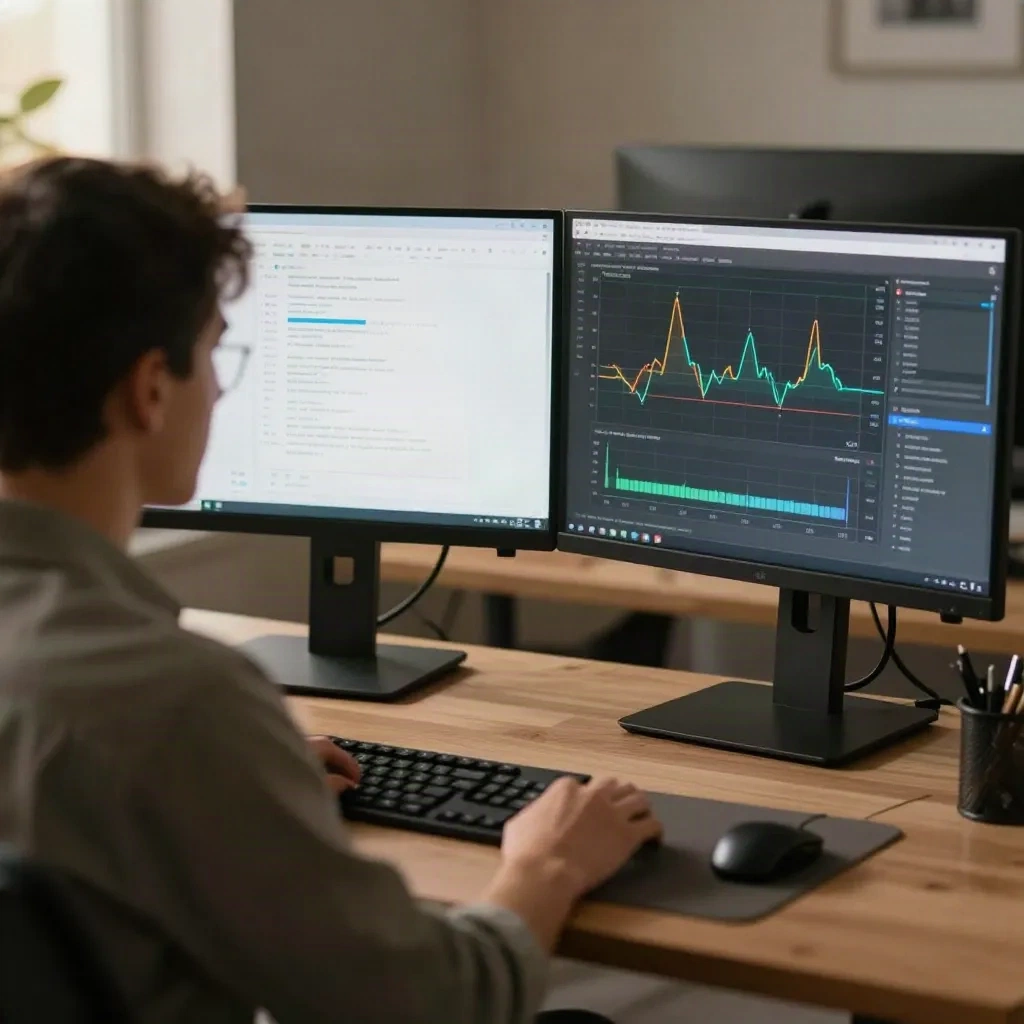 Entwickler mit Code-Editor und Metrik-Dashboard nebeneinander