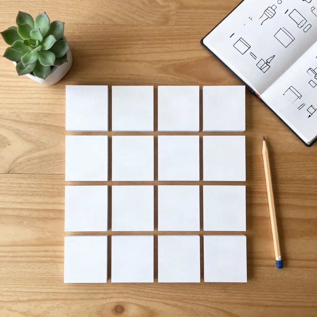 Index cards arranged like a planning board next to a notebook with box-and-arrow diagrams