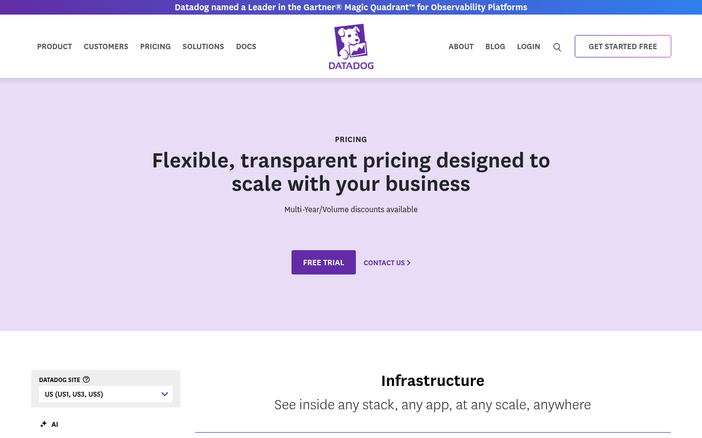Datadog pricing page header with the Infrastructure plans, captured October 2026