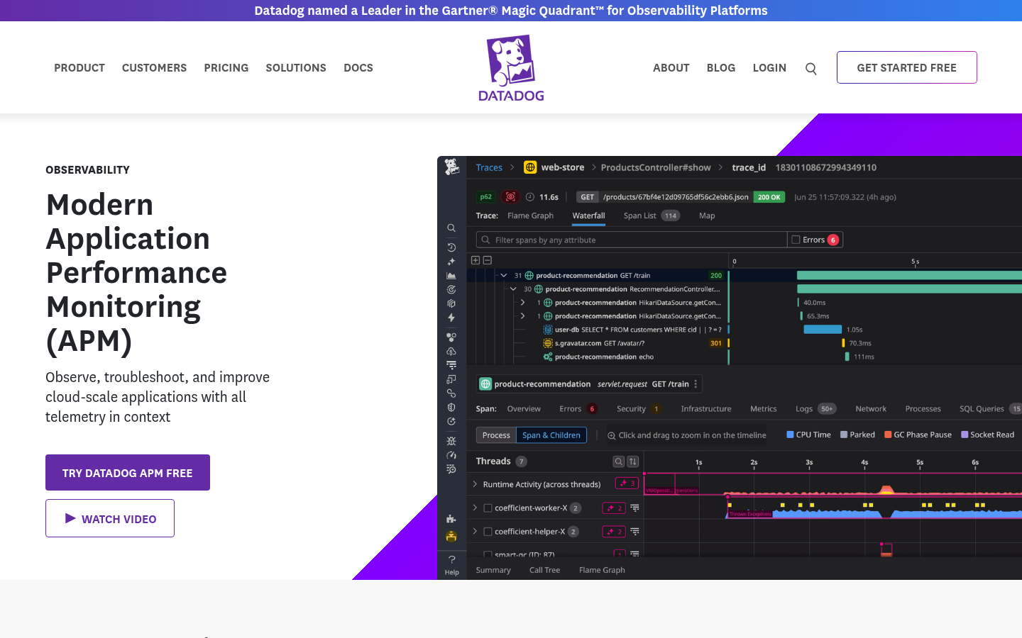 Datadog APM page showing a distributed trace waterfall for a web-store request