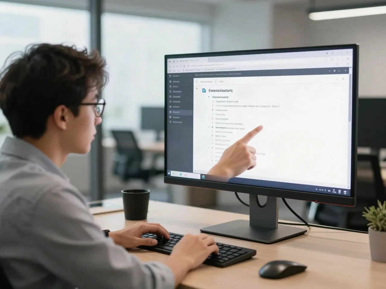 Dua engineer mereview pull request bersama di monitor besar