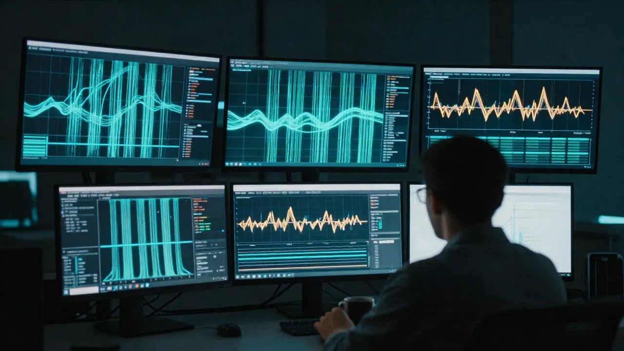 Engineer watching trace and metric graphs on several monitors in a dark room