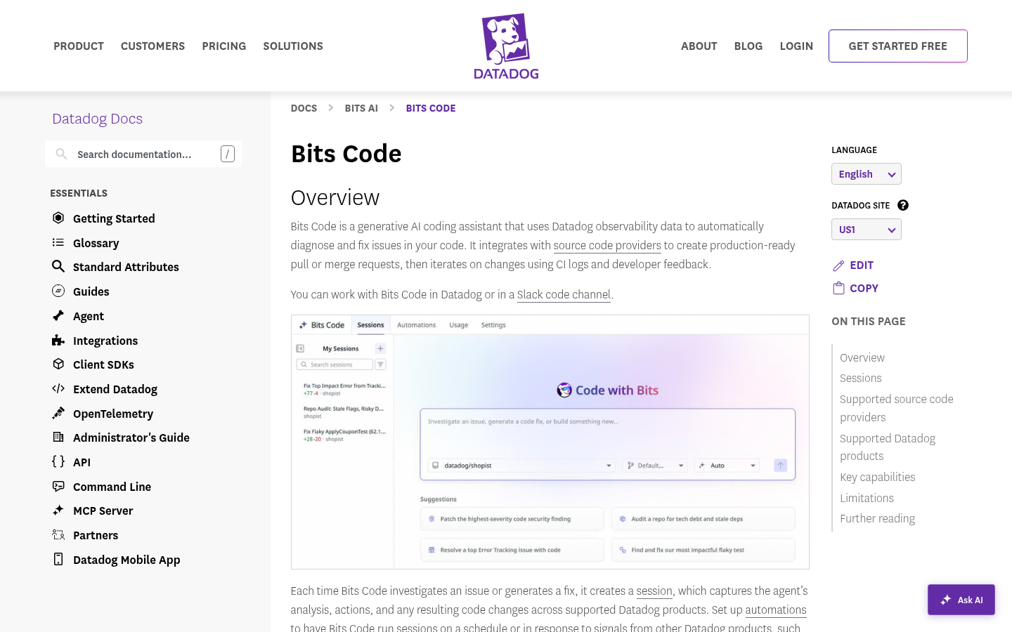 Page de documentation Datadog sur Bits Code avec la vue des sessions et les prompts suggérés