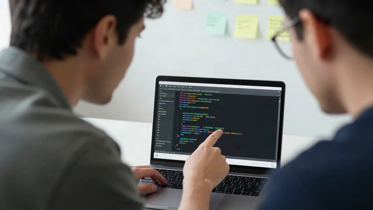 Two engineers at a laptop, one pointing at a line of source code while the other reads along