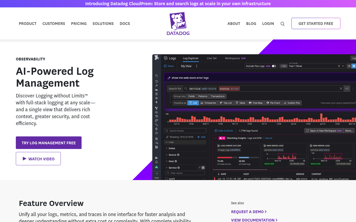 Datadog Log Management page showing the Log Explorer with an error search