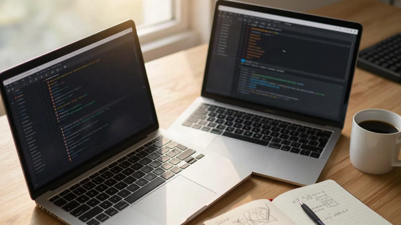 Ein Entwickler-Schreibtisch mit zwei Laptops zeigt Code-Editoren und ein Notizbuch mit einer handgezeichneten Projekt-Skizze