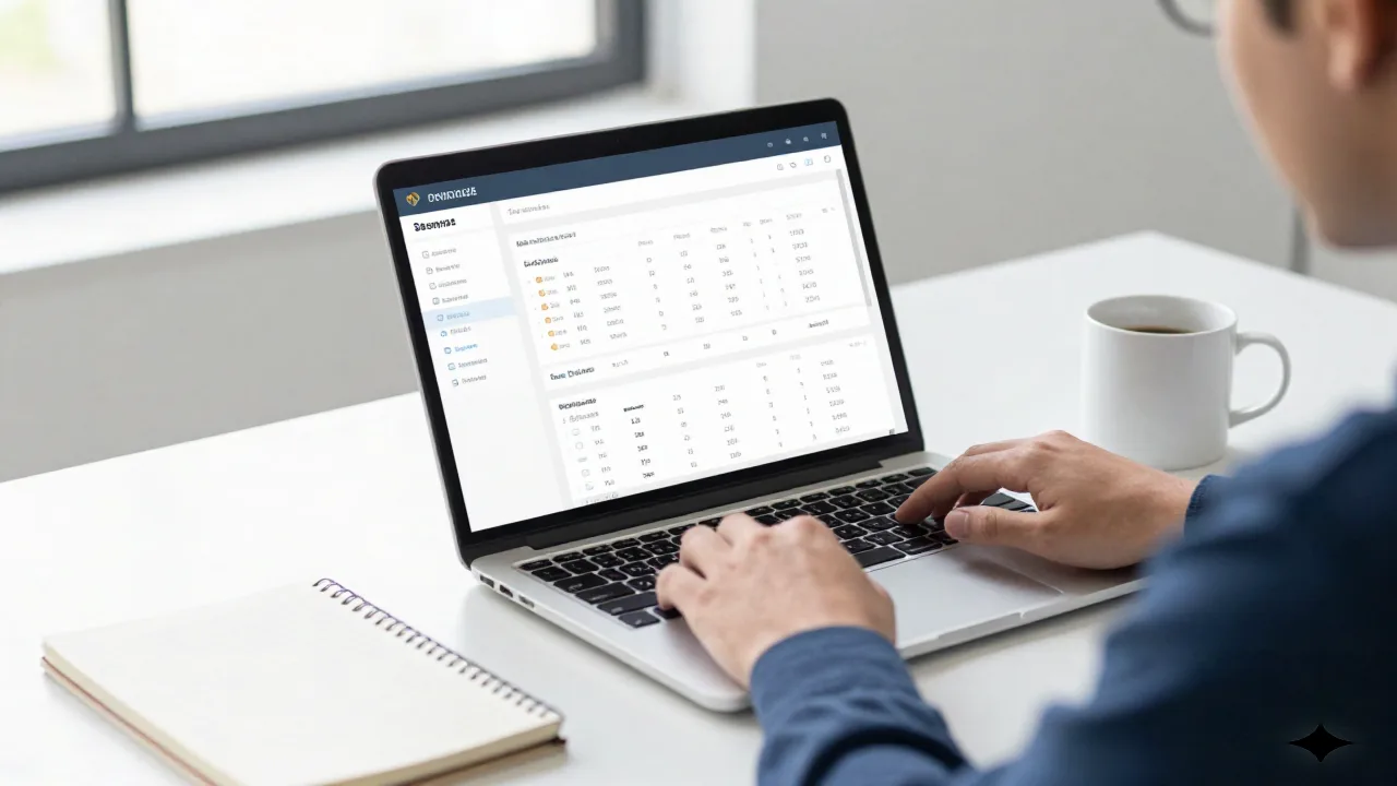 Ops professional reviewing an objective summary dashboard on laptop in a minimal workspace