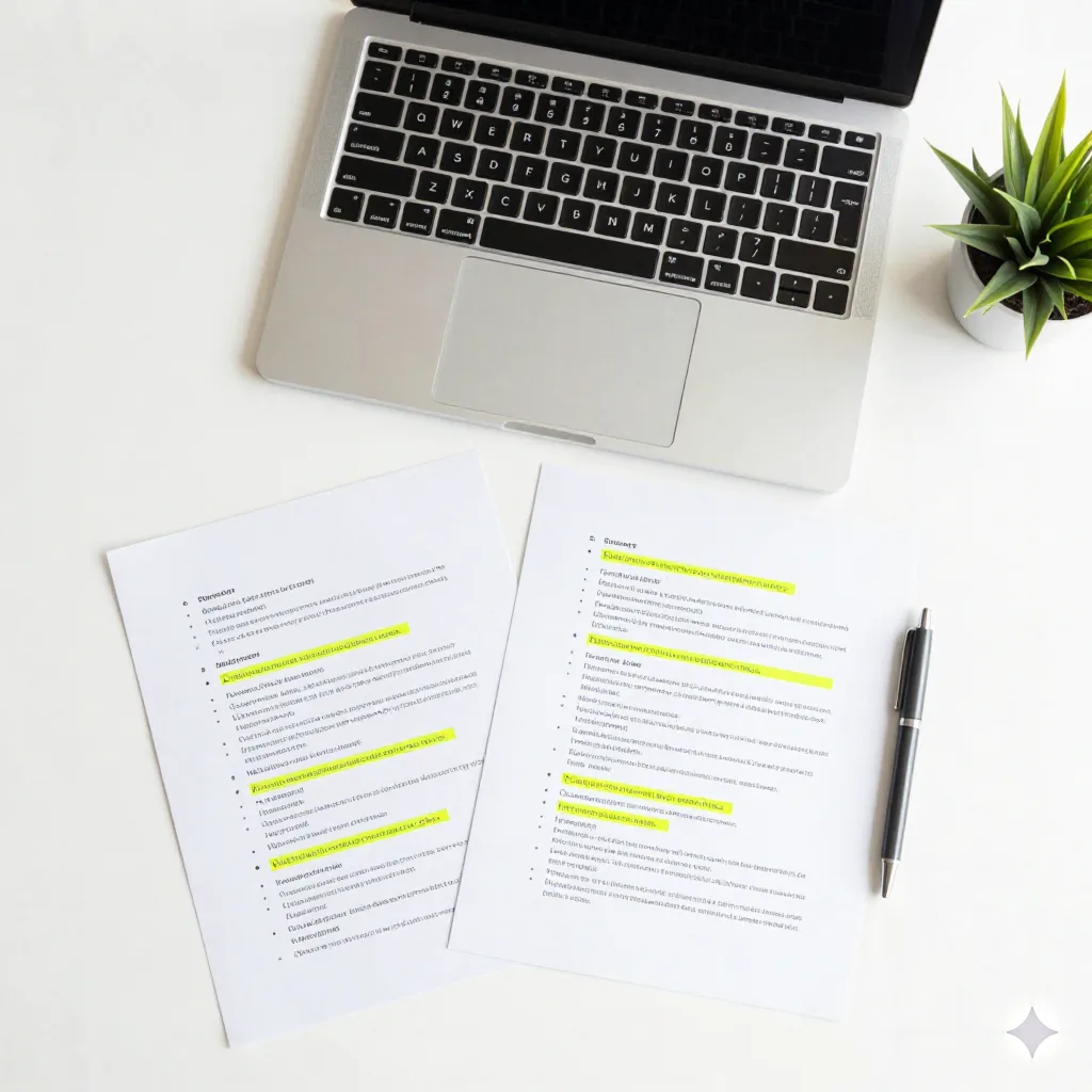 Flat-lay of workspace with printed summary pages, MacBook, pen and plant on white desk
