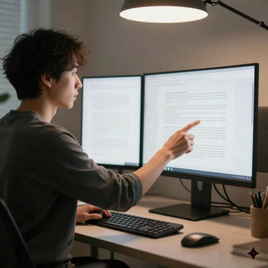 GTM ops professional at standing desk reviewing structured notes with dual monitors