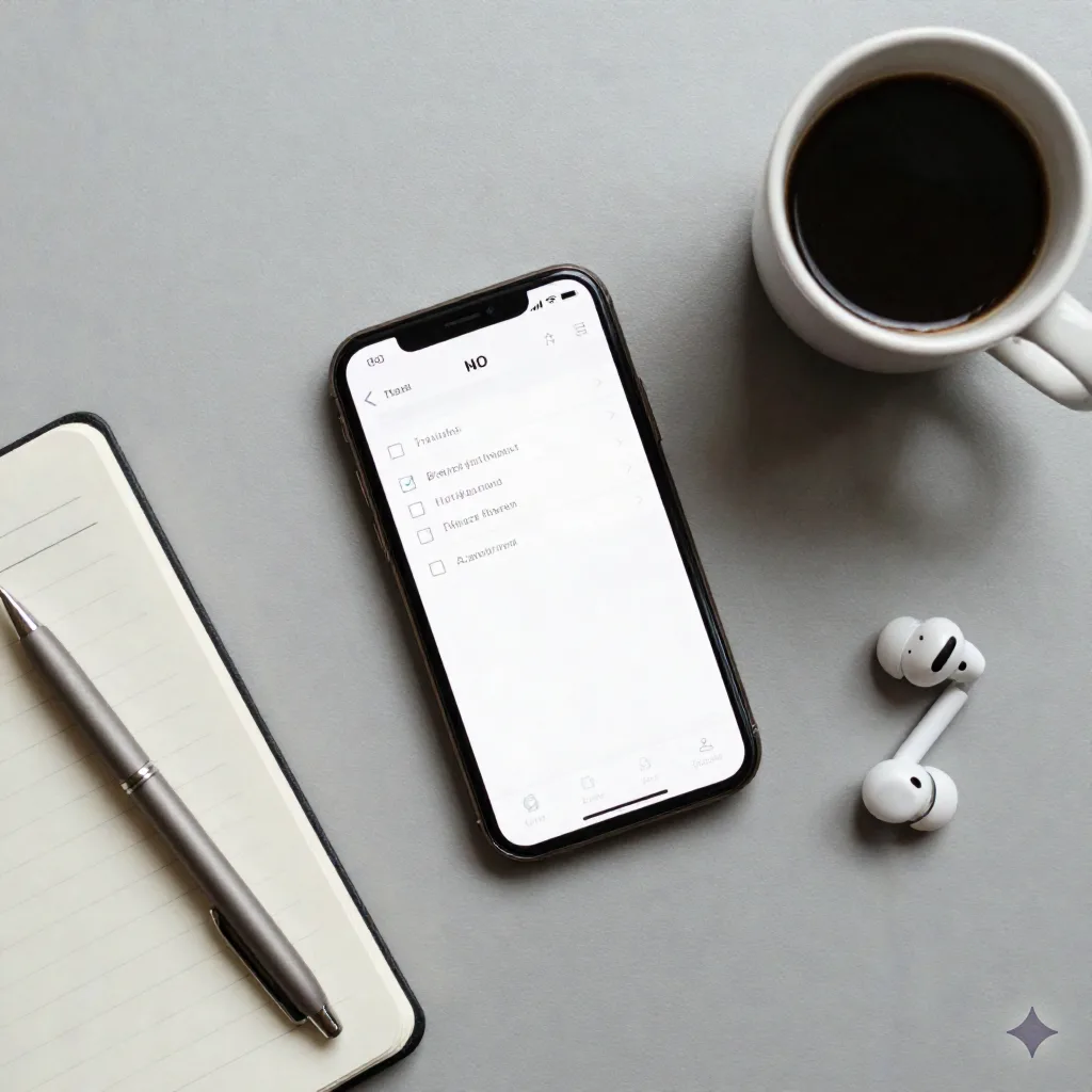 Overhead flat-lay of a phone task list, notebook with checkmarks, and coffee on a desk