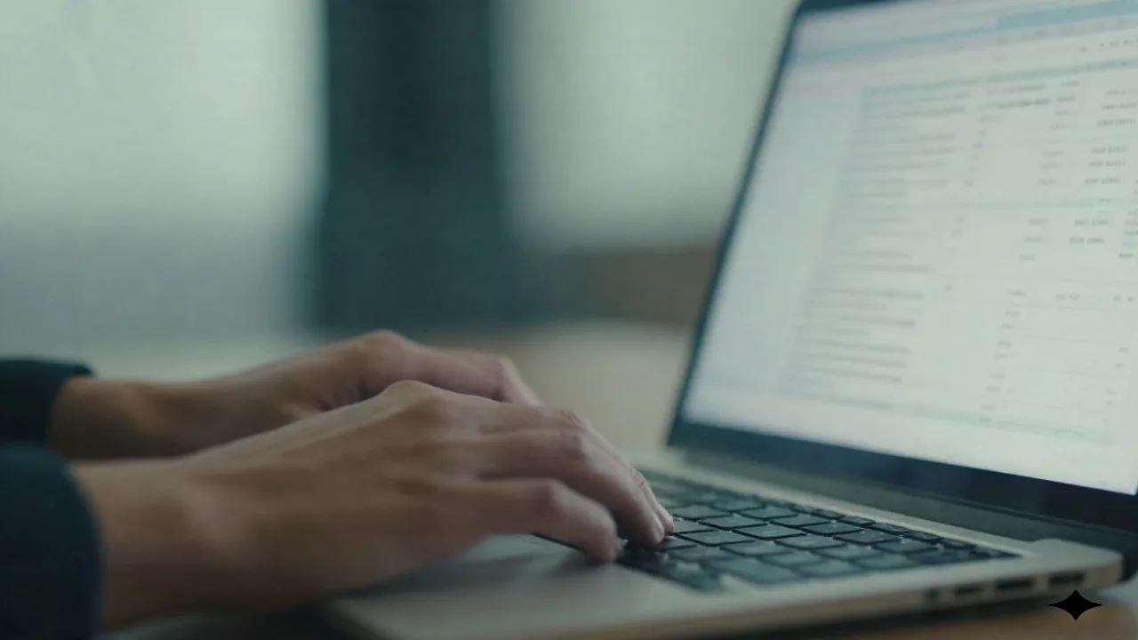 Close-up of hands typing with a spreadsheet grid visible in soft focus on the monitor