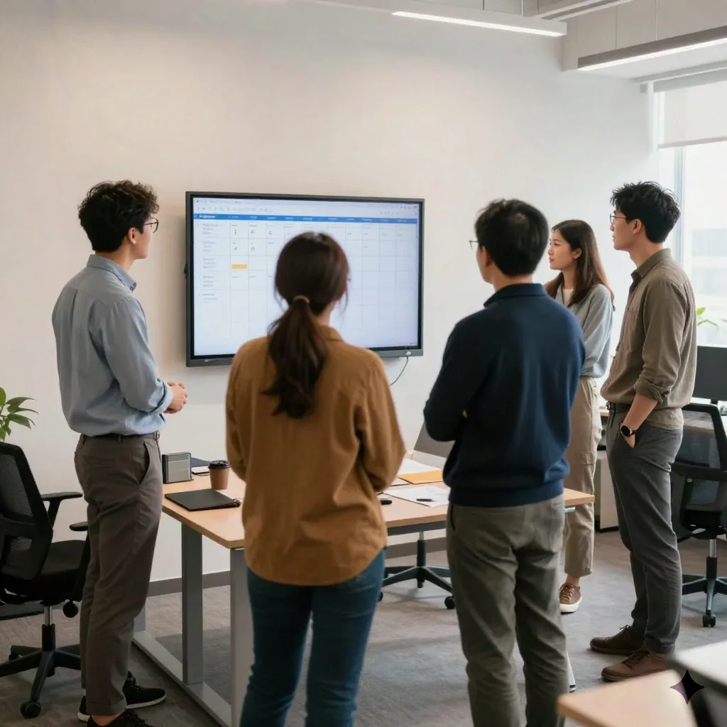 Small ops team standup meeting looking at a kanban board on a wall screen