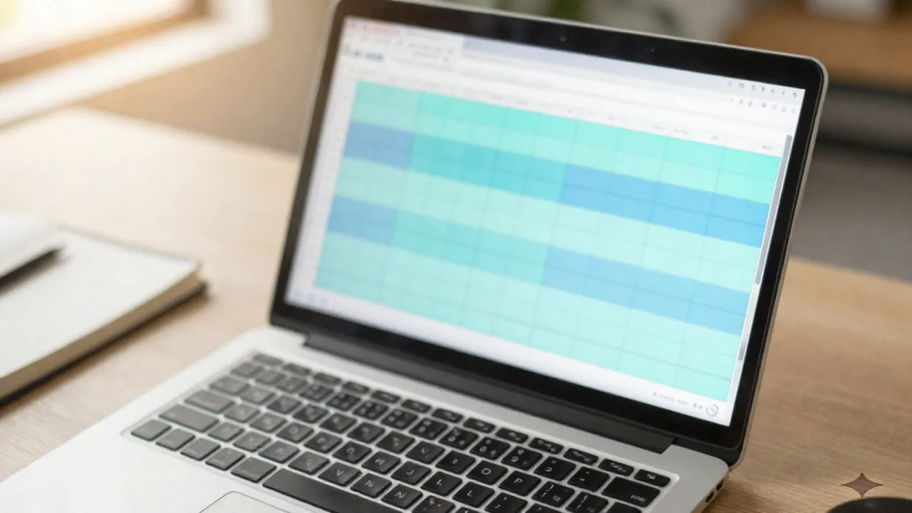 Scrivania di un professionista ops con un laptop che mostra una griglia di foglio di calcolo sfocata, a rappresentare il generatore di formule Excel