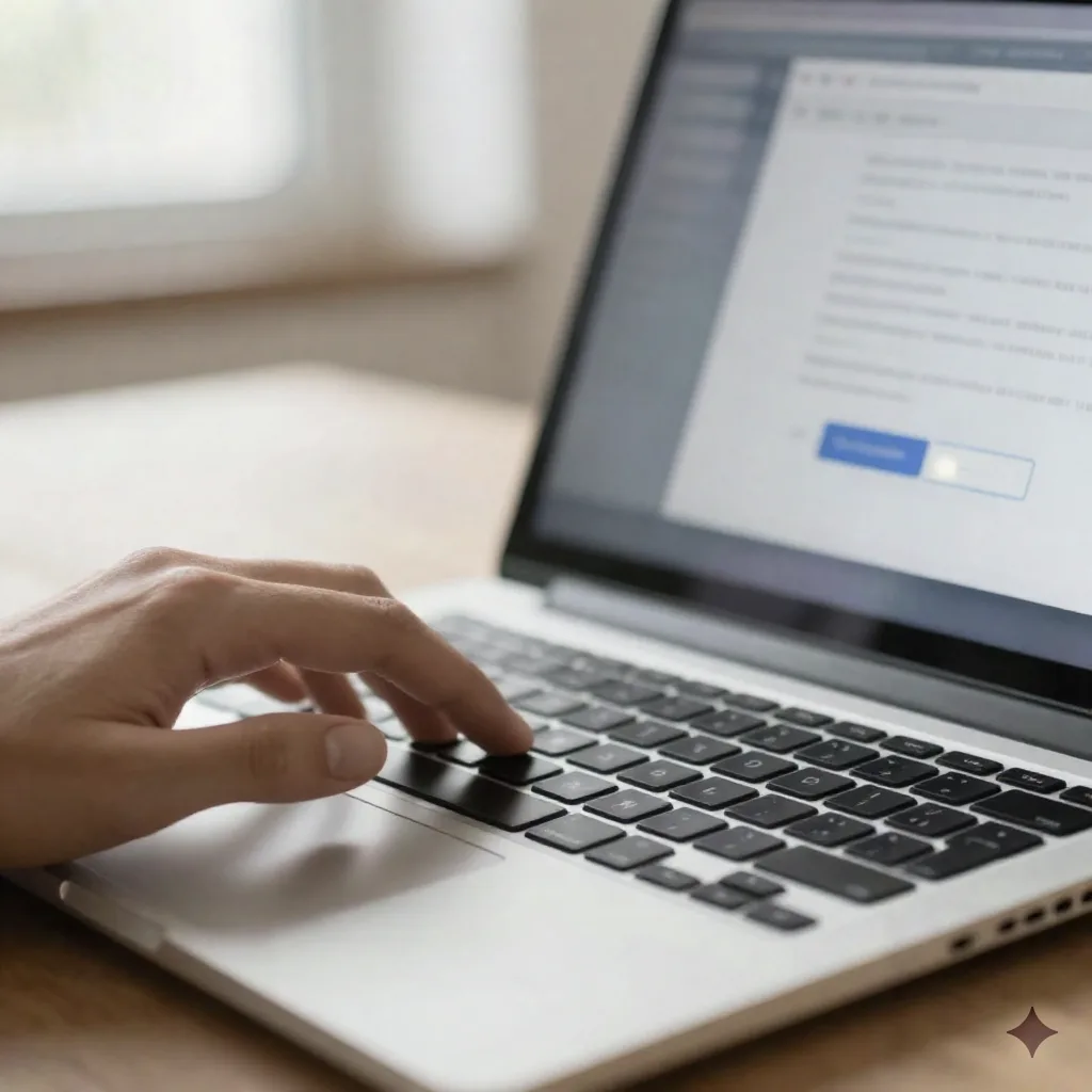 Close-up of a hand hovering over a keyboard near a draft email send button