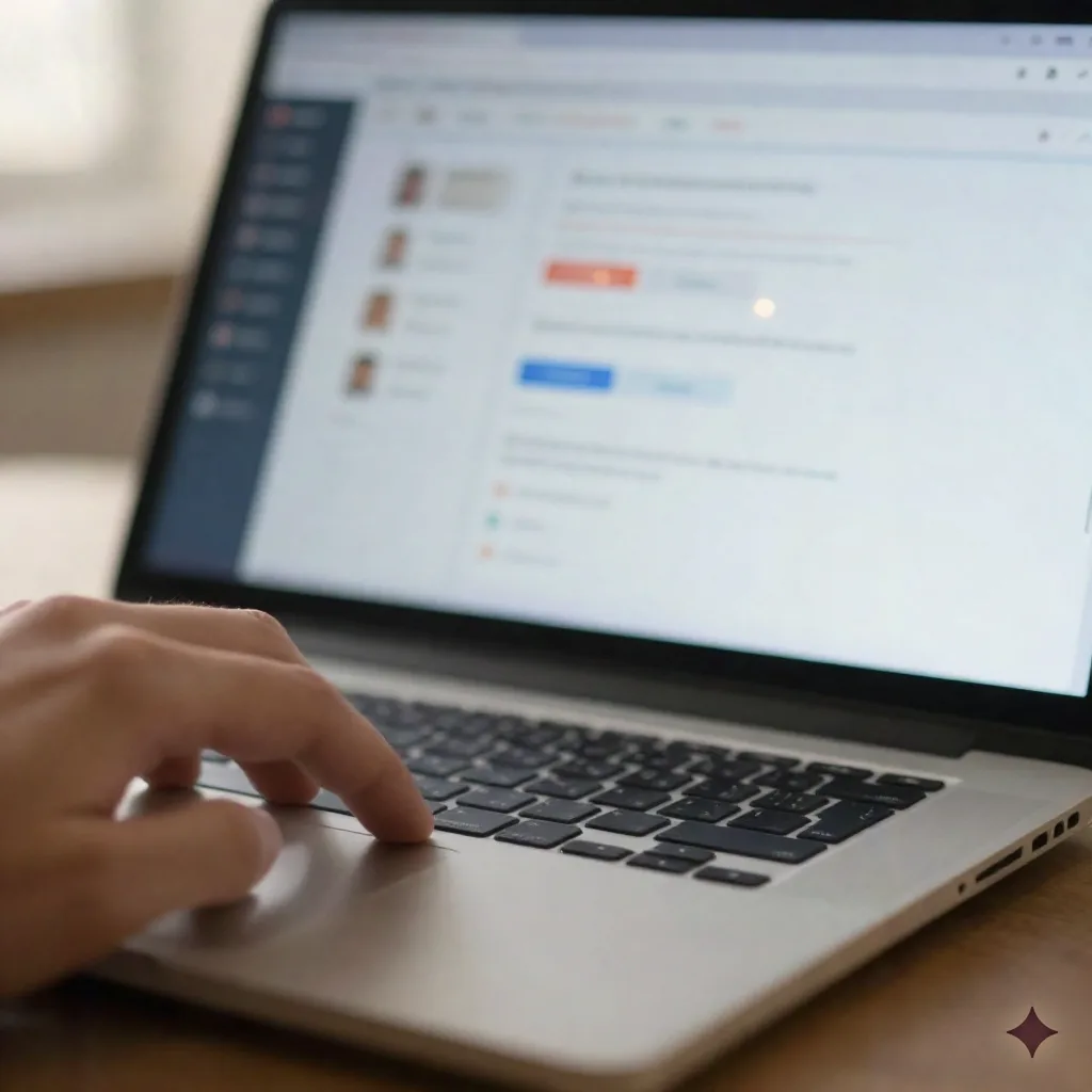 Close-up of a hand on a laptop trackpad with a CRM record auto-filling in the background